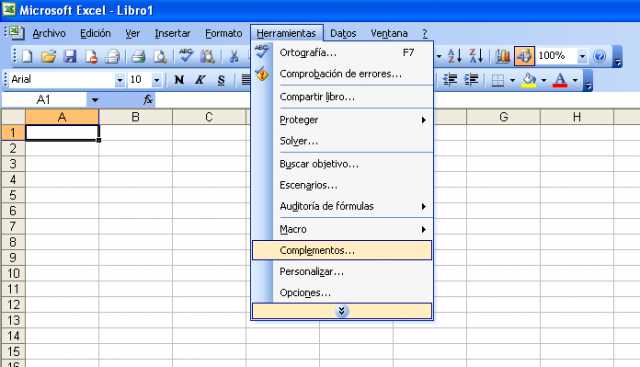 Acceso a Complementos en Excel 2003