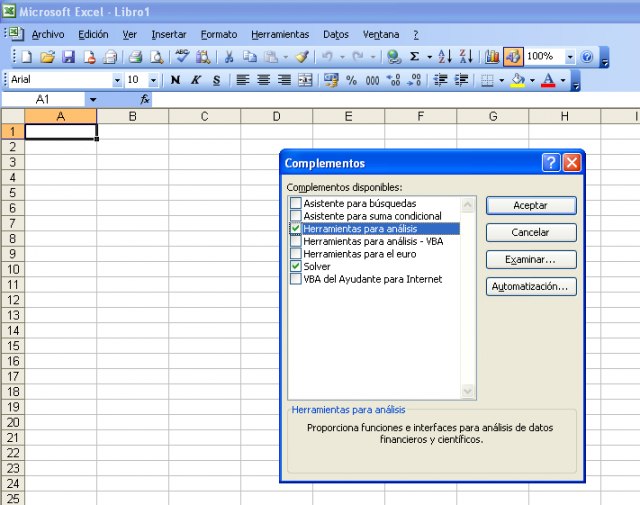 Dialogo de complementos en Excel 2003