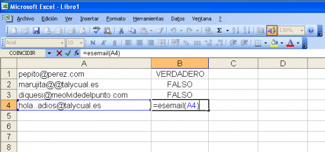 función ESEMAIL() en acción en Excel 2003