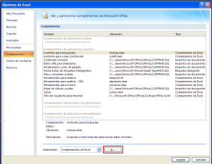 Página de complementos en Excel 2007