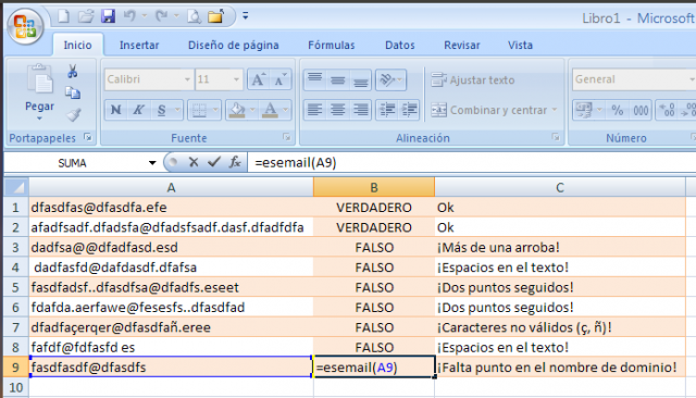 ESEMAIL() en acción en Excel 2007
